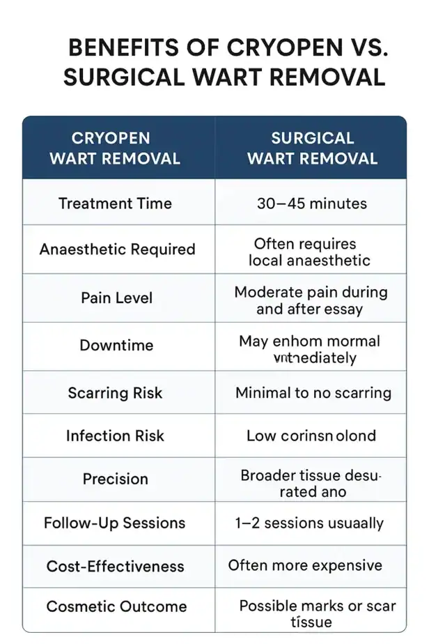 Table showing the benefits of cryopen to remove warts Amersham compared to surgical treatment